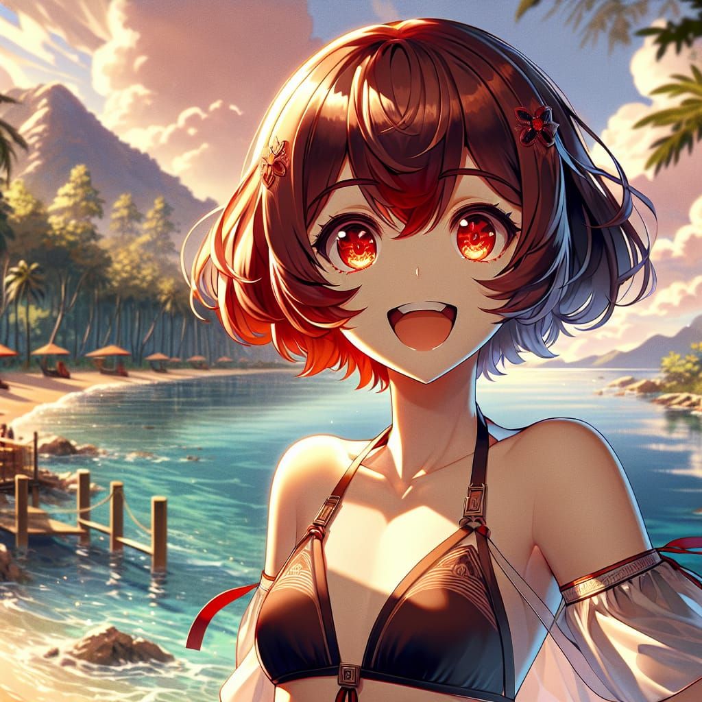 Joyful Red-Haired Anime Girl in Bikini