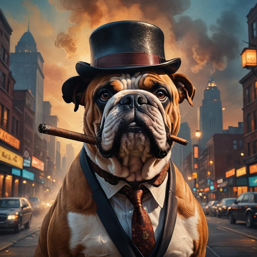 Bulldog Arms Dealer with Cigar in Hyperrealistic Style