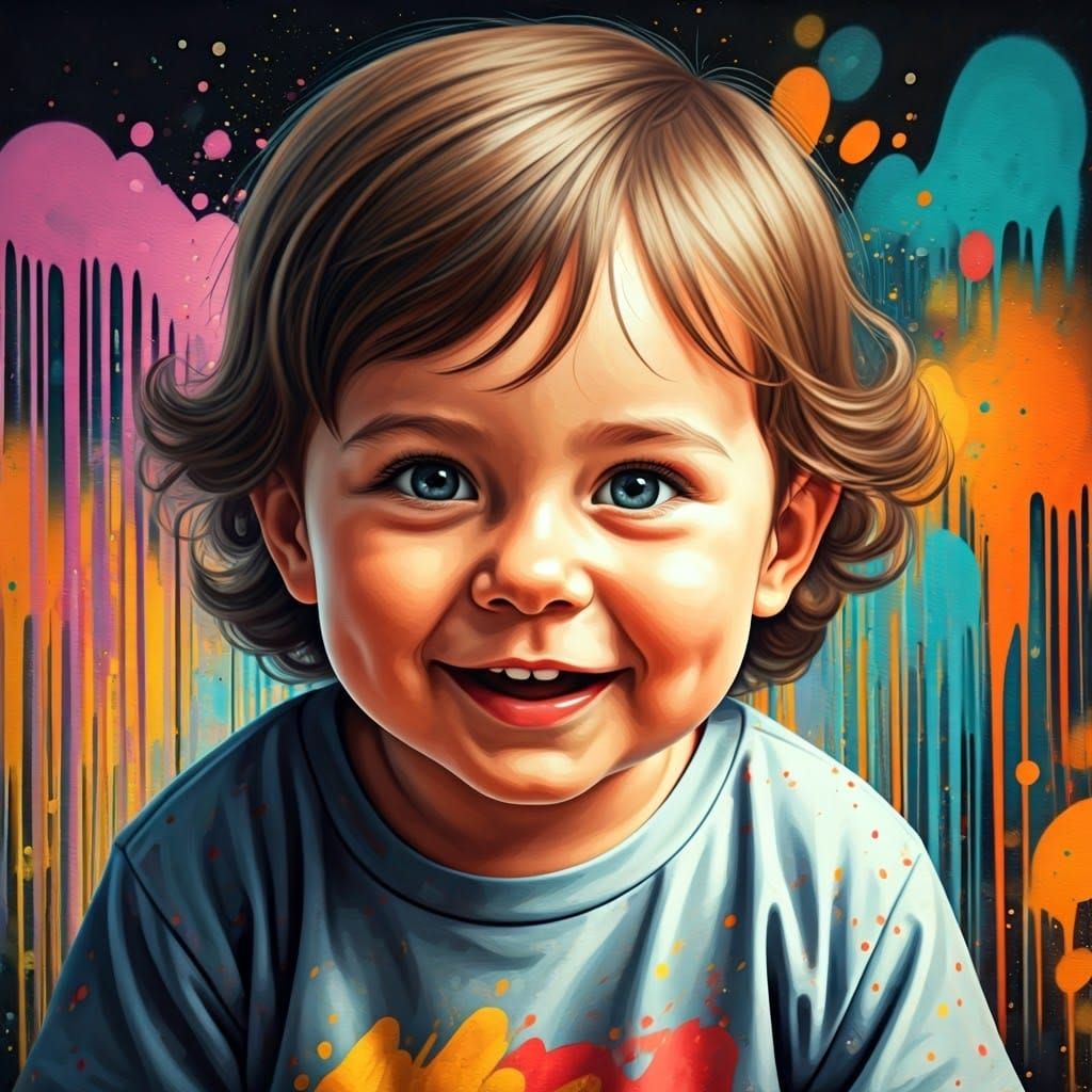 Vibrant Street Art Scene with Smiling Toddler in Colorful Gr...