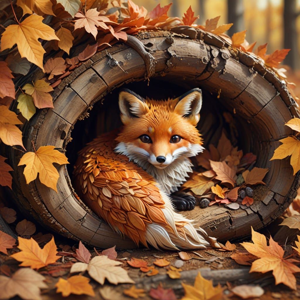Whimsical Autumn Fox in Cozy Hollow Log