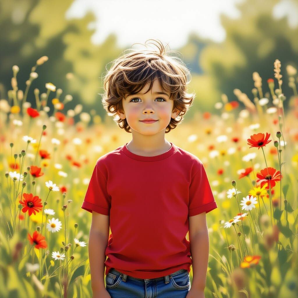 Young Boy in Sun-Drenched Meadow, Painterly Style