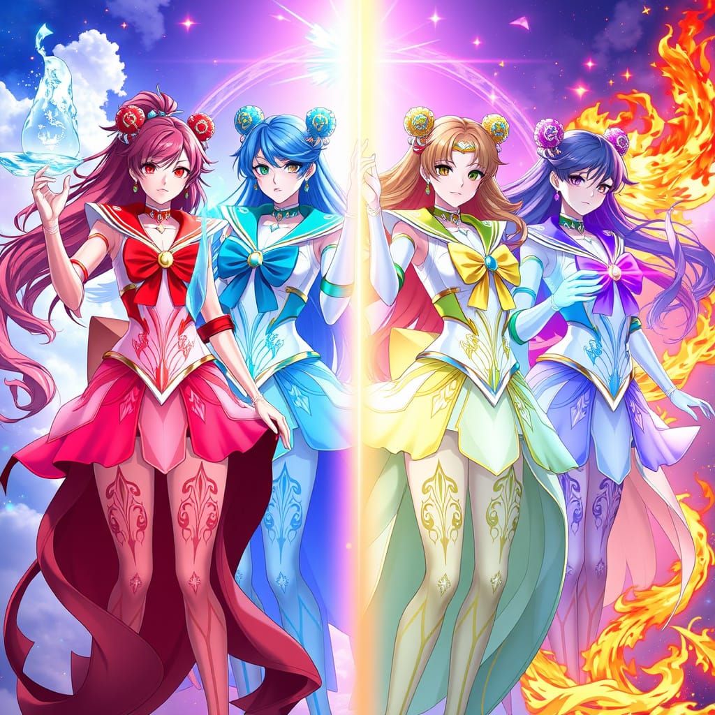 Elemental Goddesses as Sailor Senshi in Vibrant Anime-Inspir...