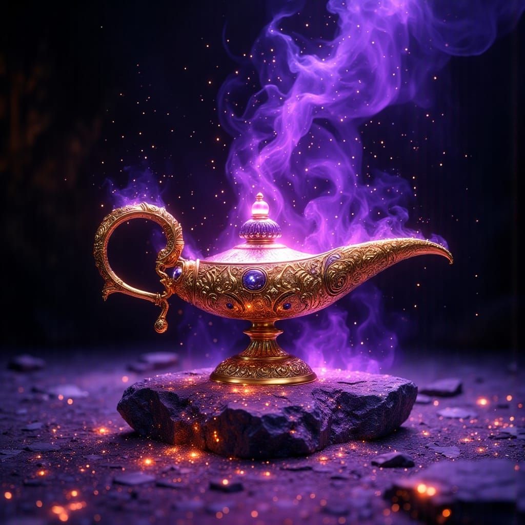 Ornate Magic Lamp with Swirling Smoke in Dark Oil Paint