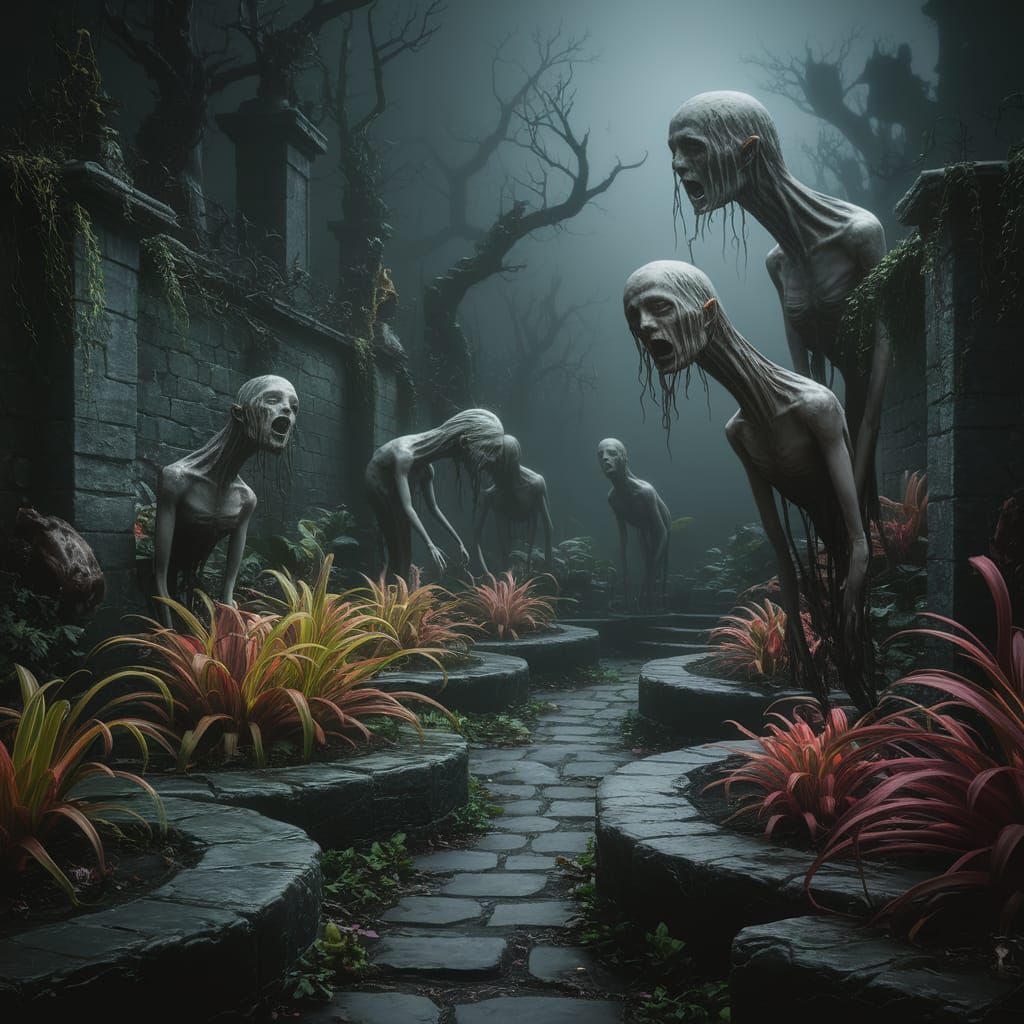 Dark Fantasy Garden with Weeping Statues