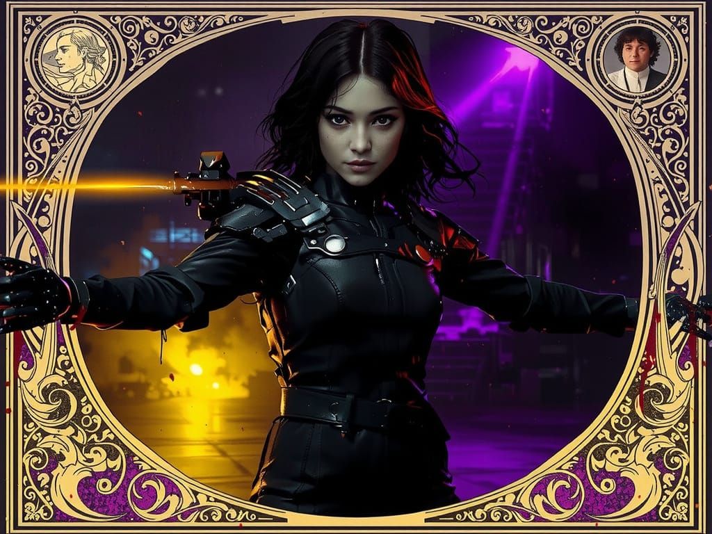 Dark Fantasy Robot Woman in Blood Splatter Downpour