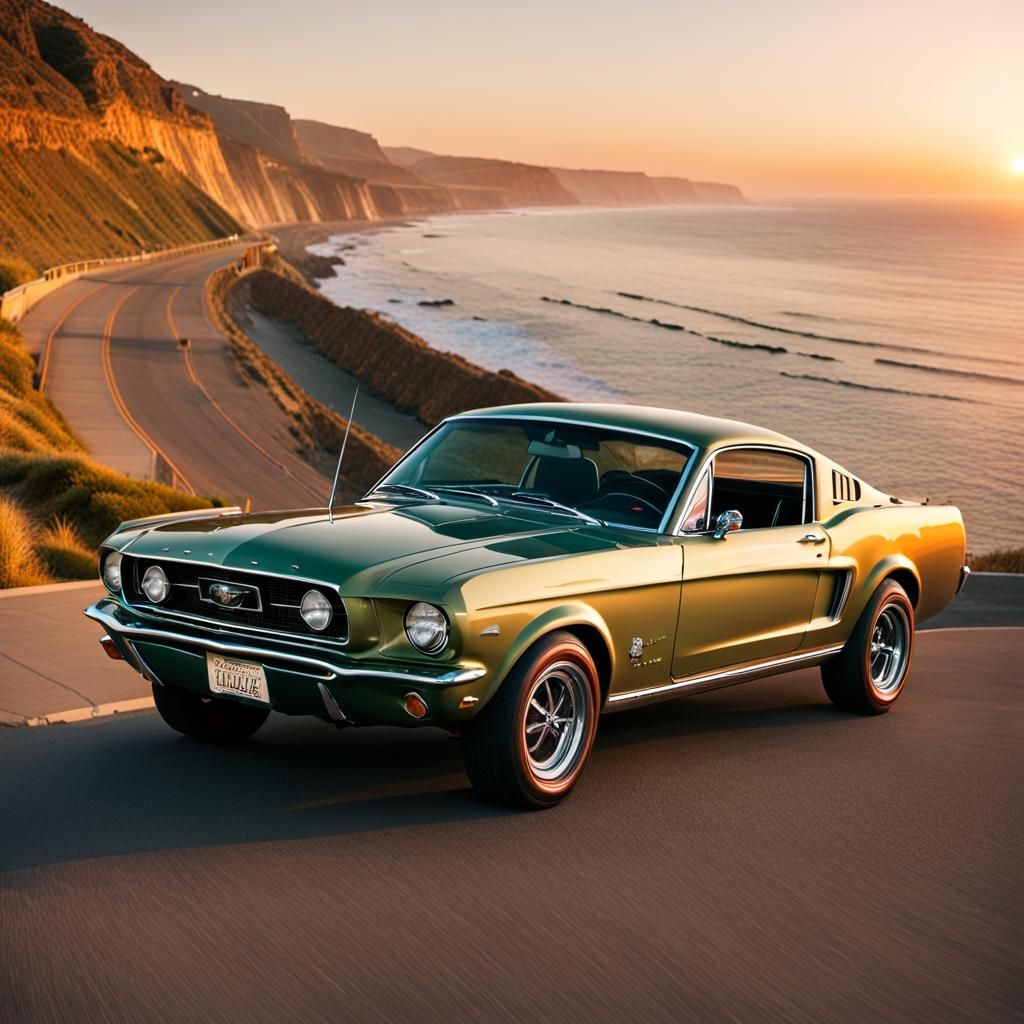 1967 Mustang on Coastal Highway at Sunset
