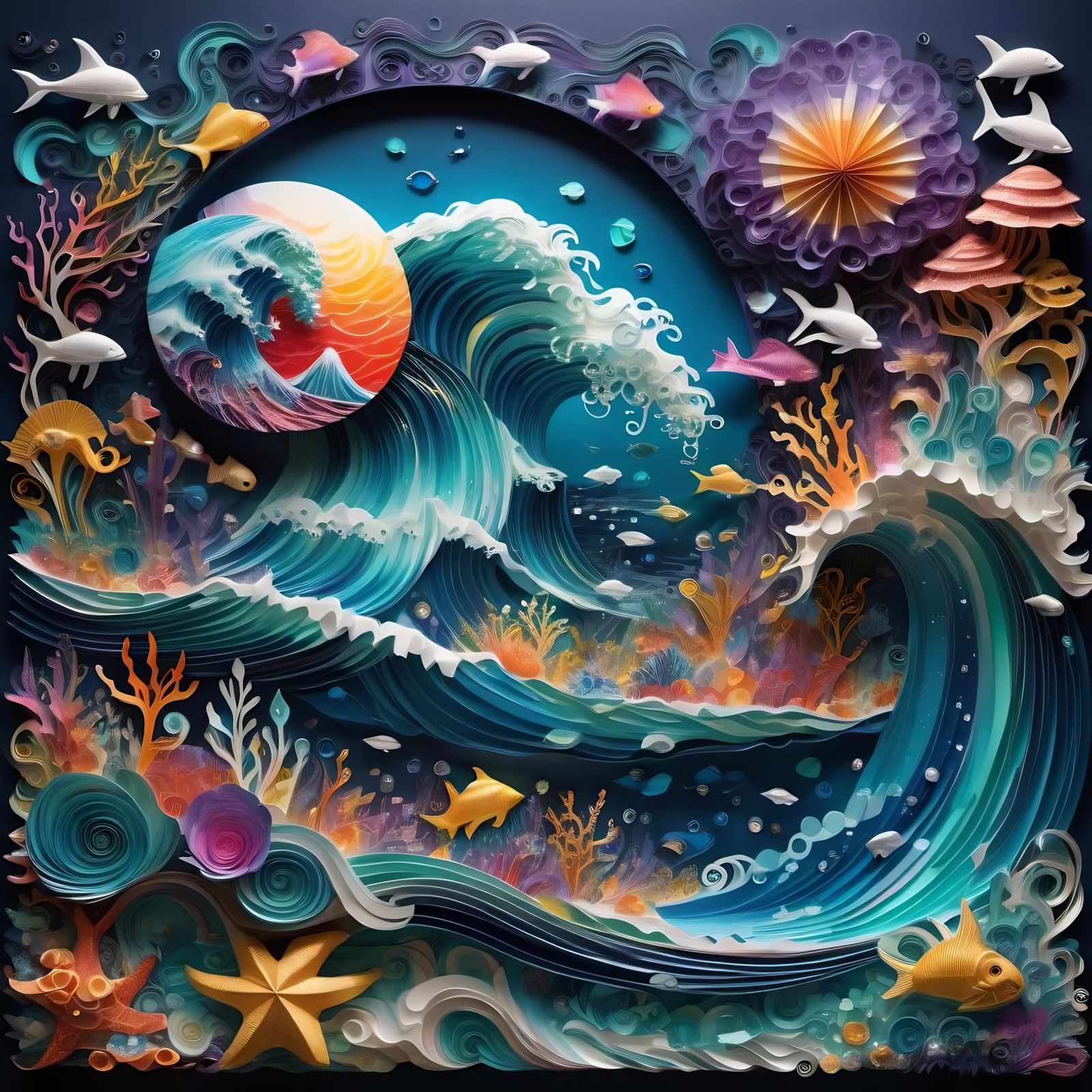 Iridescent Bejeweled Paper-Craft Ocean Waves