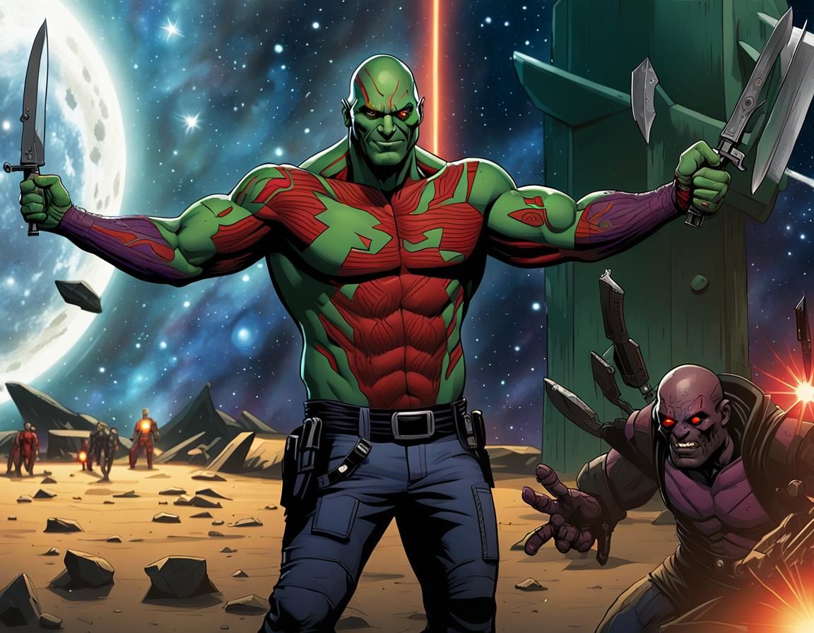 Drax Maniacally Smiling with Knives, Comic Book Art