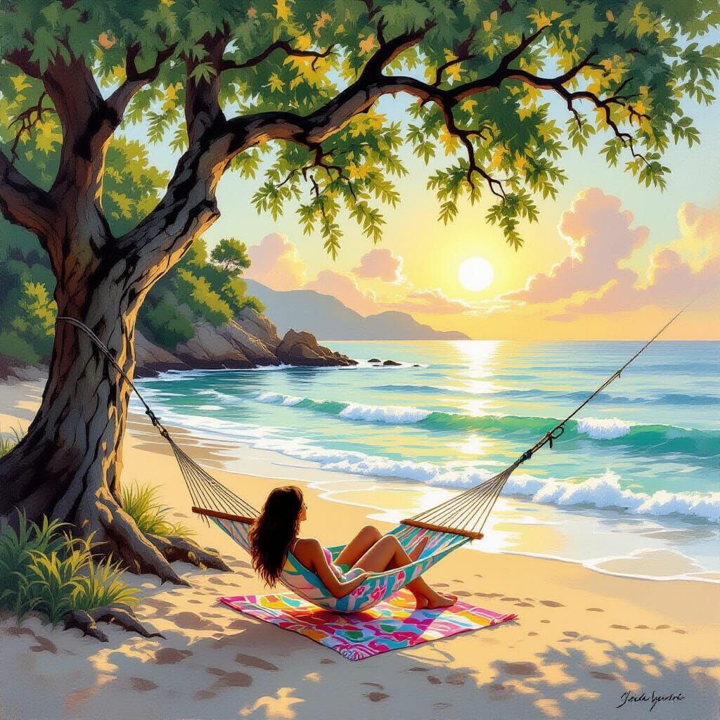 Hidden Cove at Sunset with Hammock and Woman