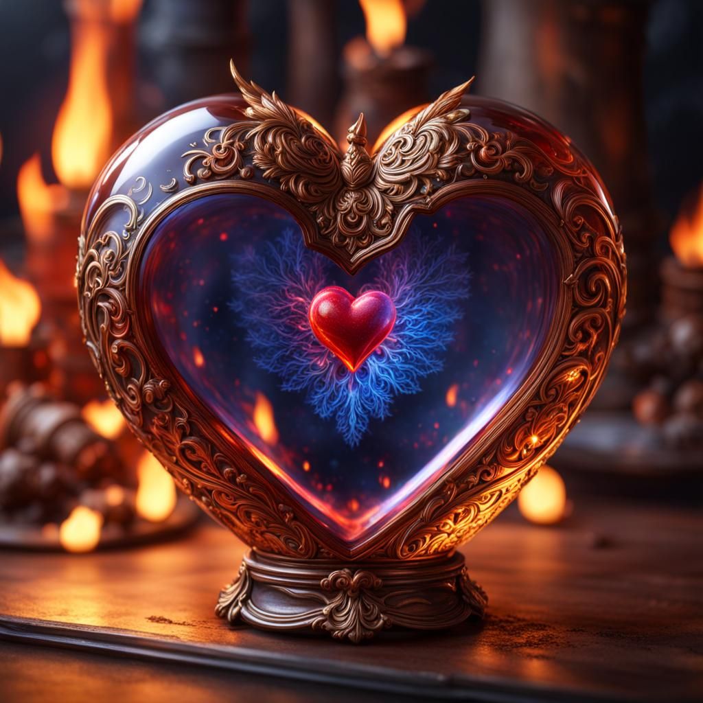 Flaming Heart in Glass Miniature, Surreal Concept Art