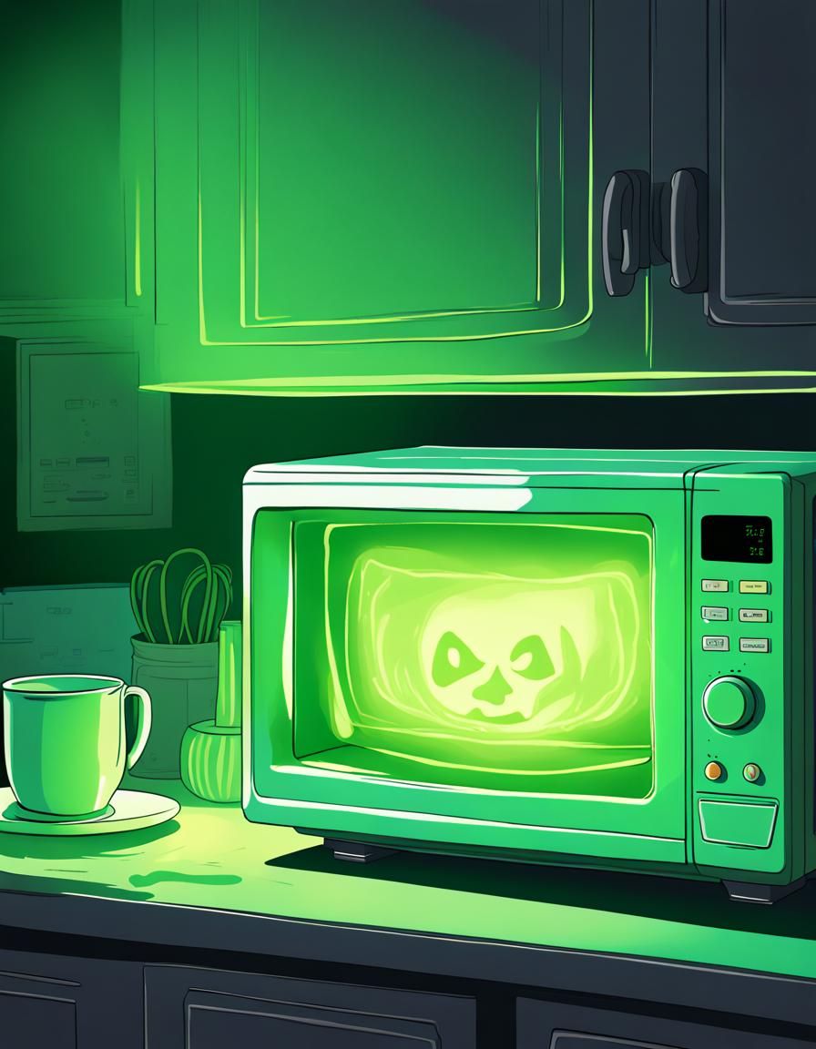 Spectral Green Microwave in Gloomy Anime Kitchen