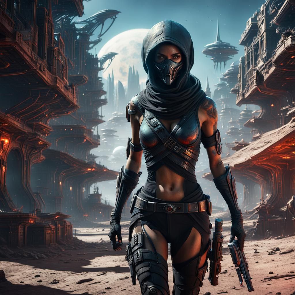 Female Assassin in Alien Town: Detailed Matte Painting