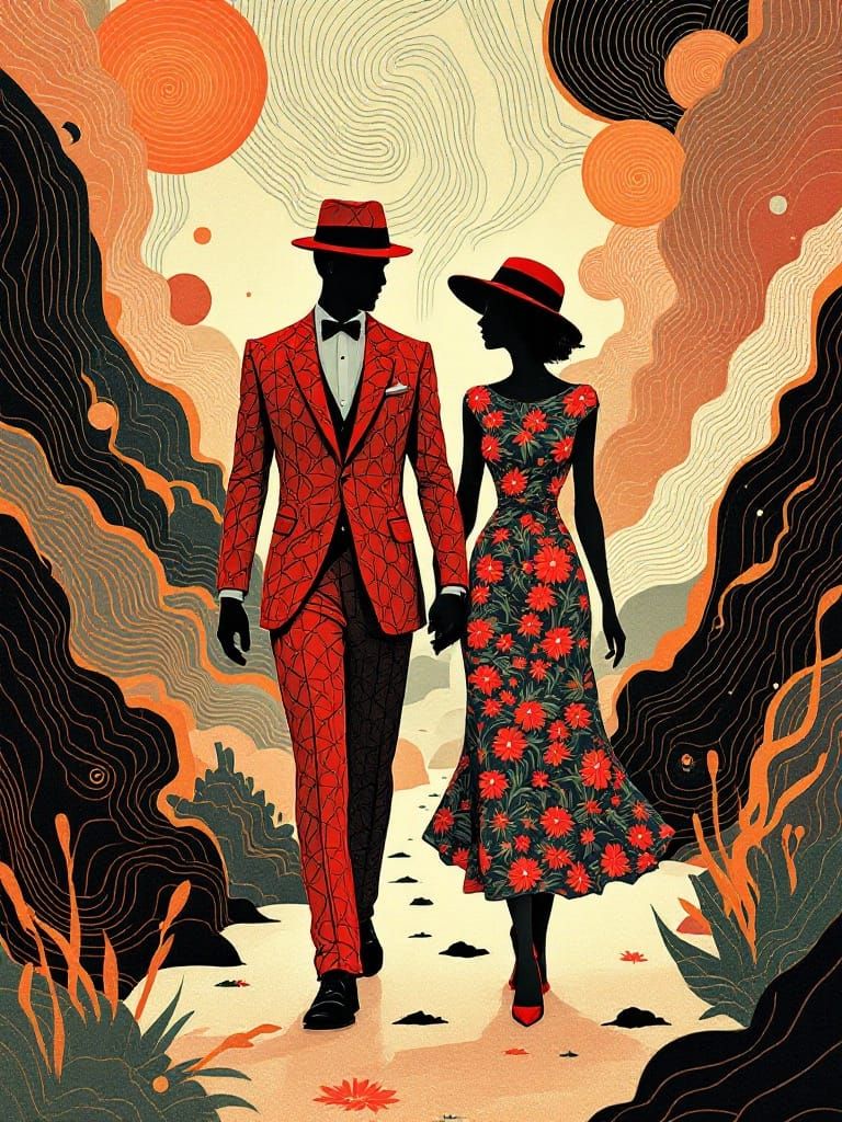Vibrant Couple in Whimsical Landscape