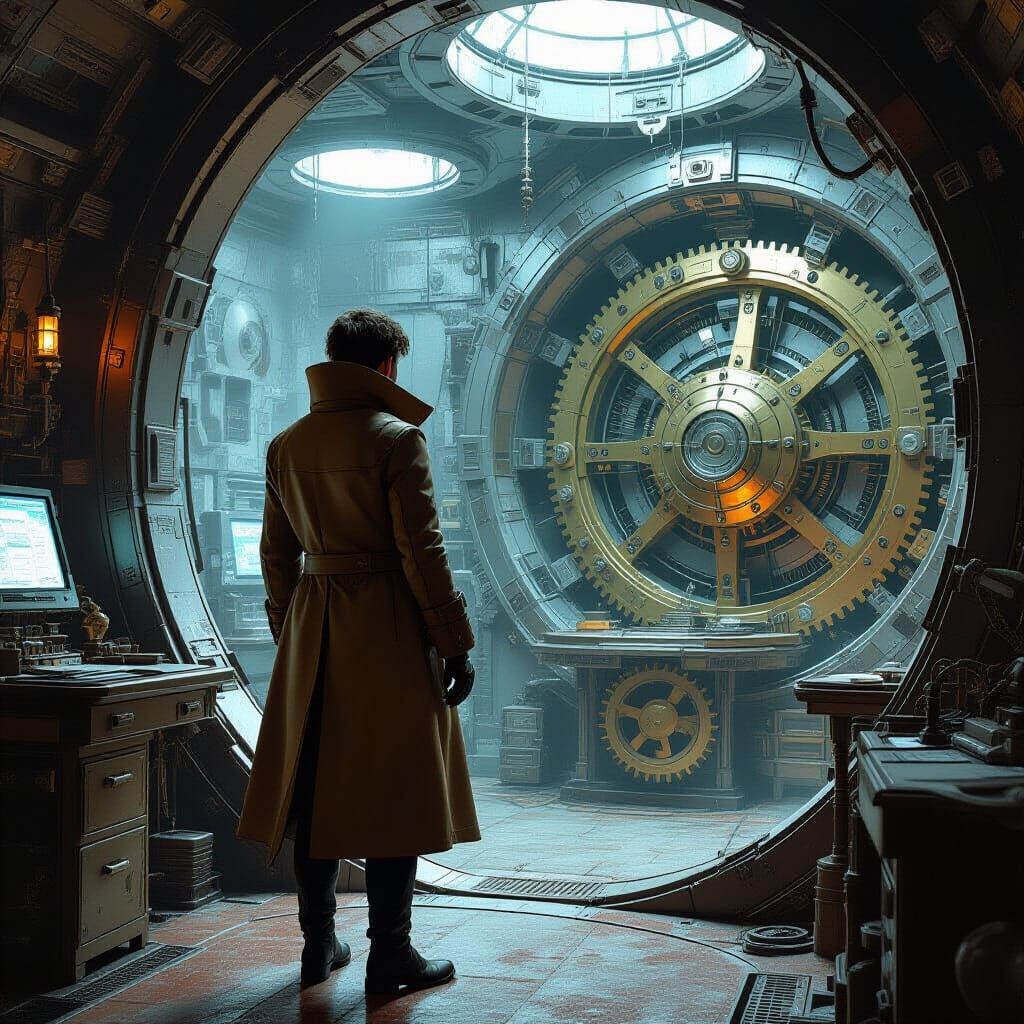 Adventurer Exploring Mechanical Room in Digital Art Style