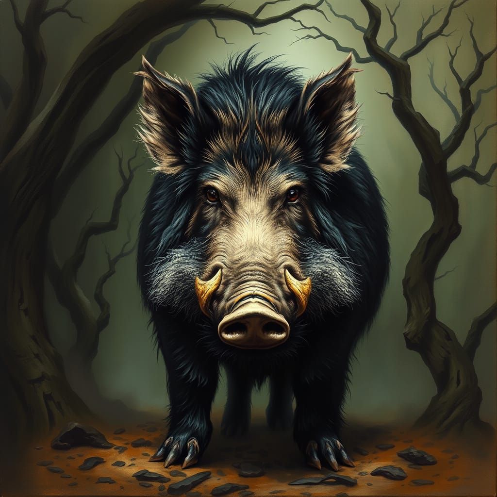 Mystical Wild Boar in Dark Fantasy Forest Painting
