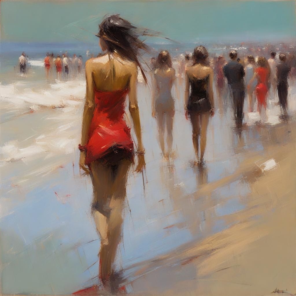Crowded Beach Scene in Impressionist Style