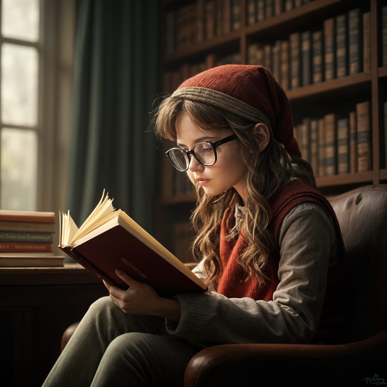 Bookworm in a Vintage Library Reading a Book