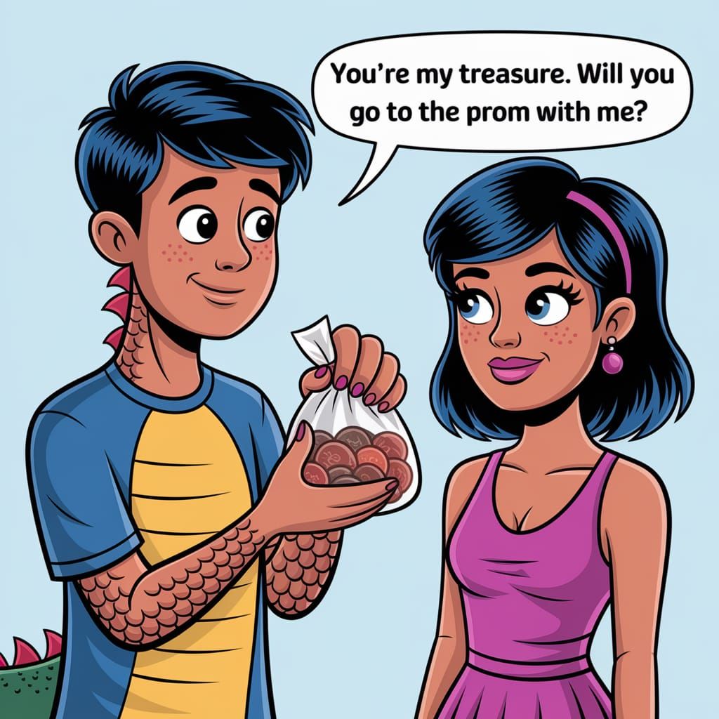 A shy teenage male wearing a dragon shirt offers a teenage f...