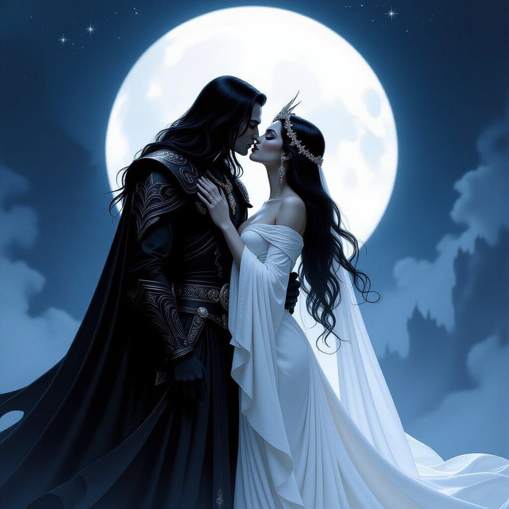 Dark Lord Kissing Goddess in Fantasy Art Style