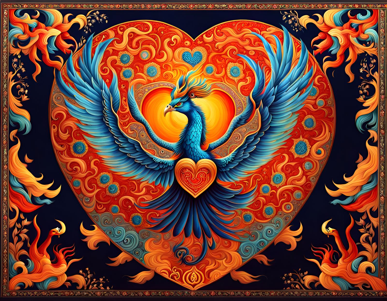 Fiery Heart Phoenix in Persian Tapestry Landscape