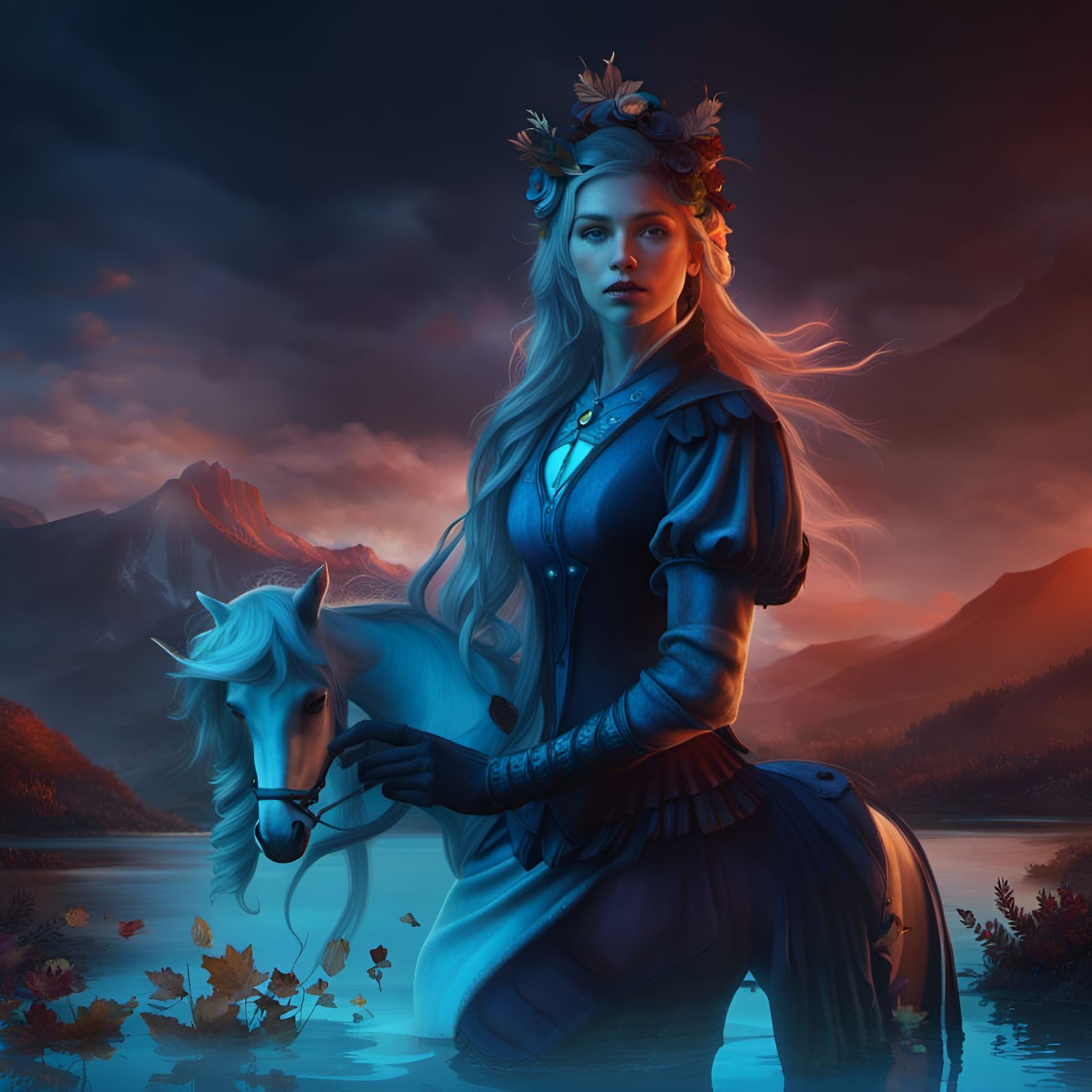 Medieval Horse Girl in Autumn Lake Photo