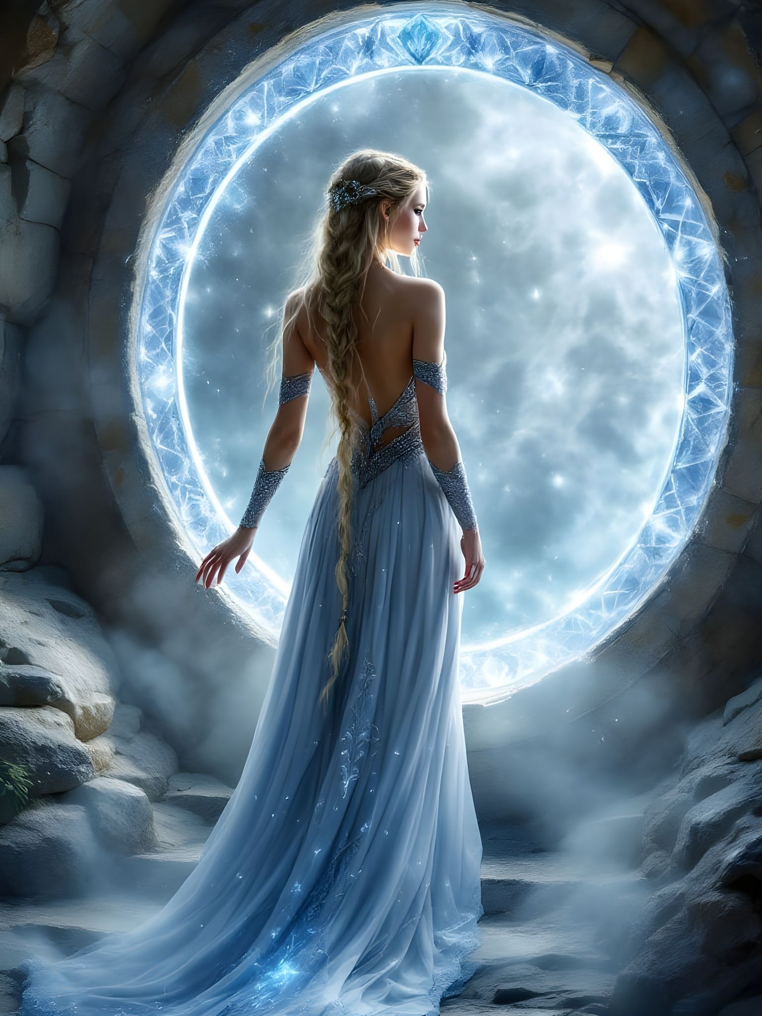 Norse Goddess Stepping into Enchanted Portal