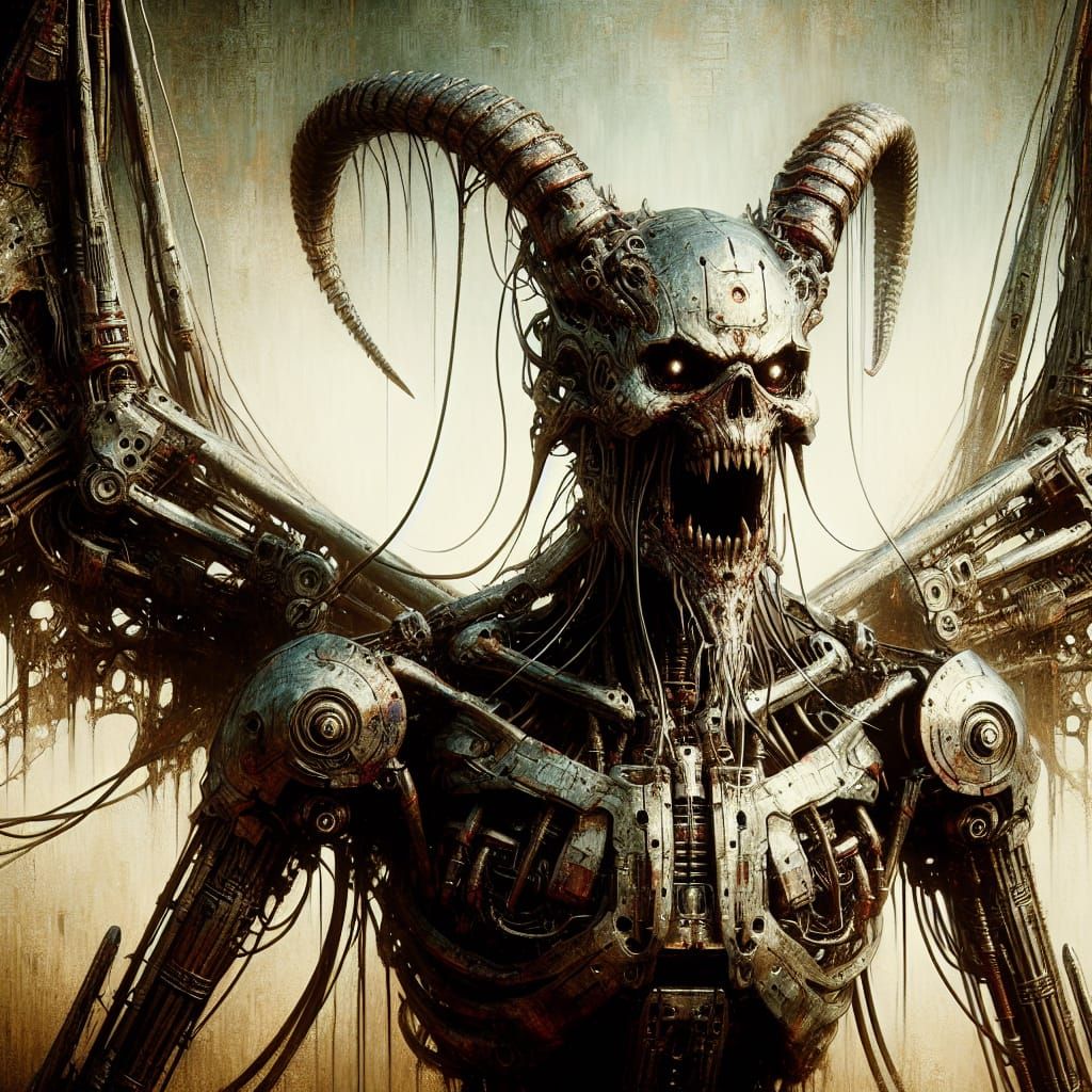 Mechanical Cyborg Demon Screaming in Sci-Fi Horror