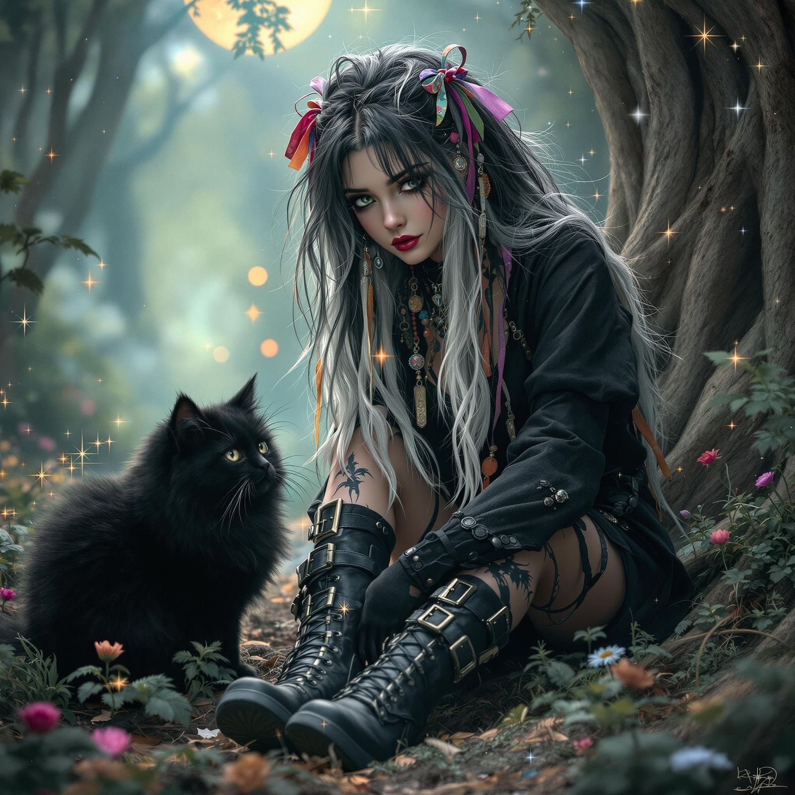 Boho Gothic Girl with Kitten in Enchanted Forest