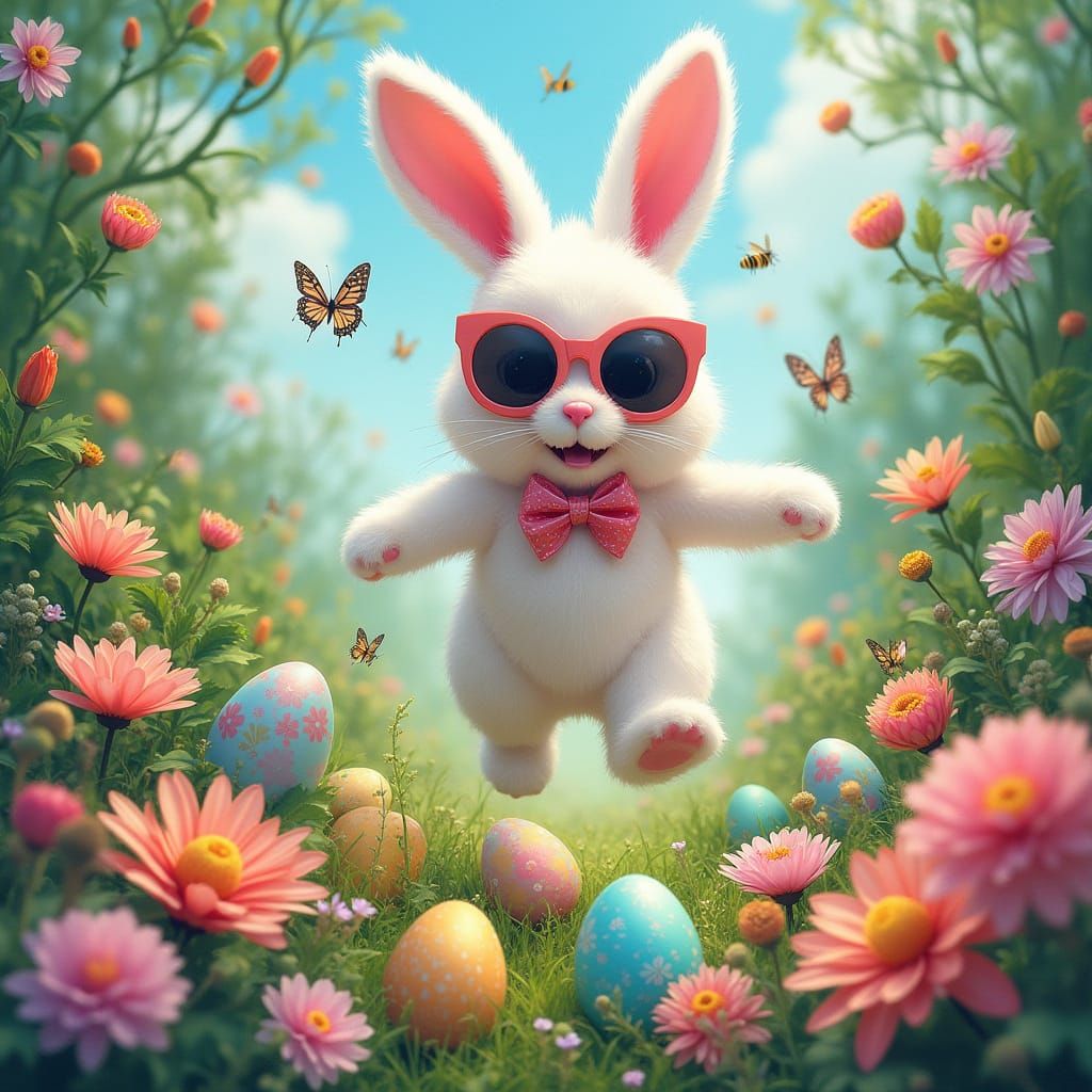 Whimsical Easter Bunny Explorers Lush Multicolored Garden
