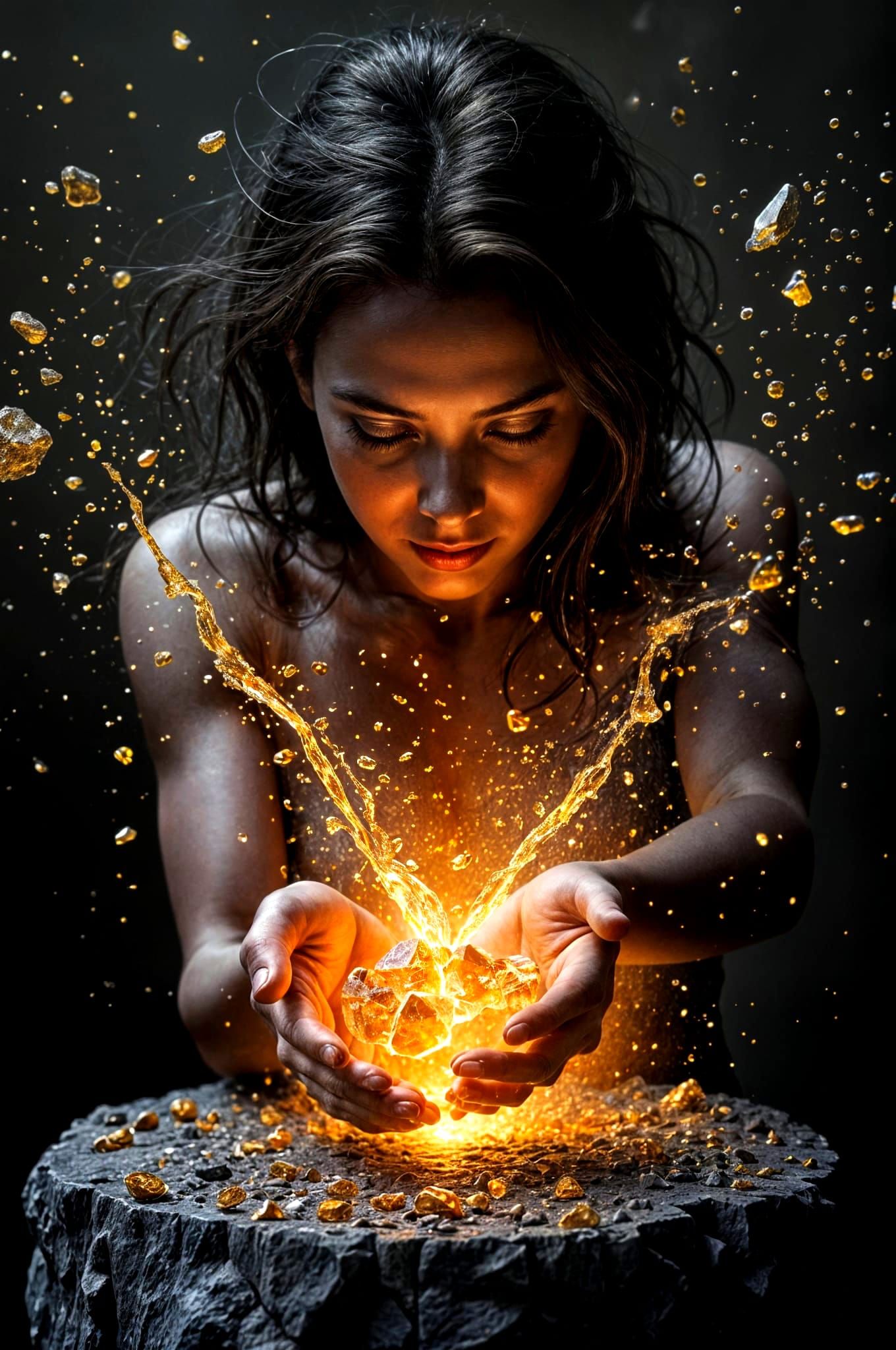 Hyper-Realistic Figure Reaching for Crystal Ring