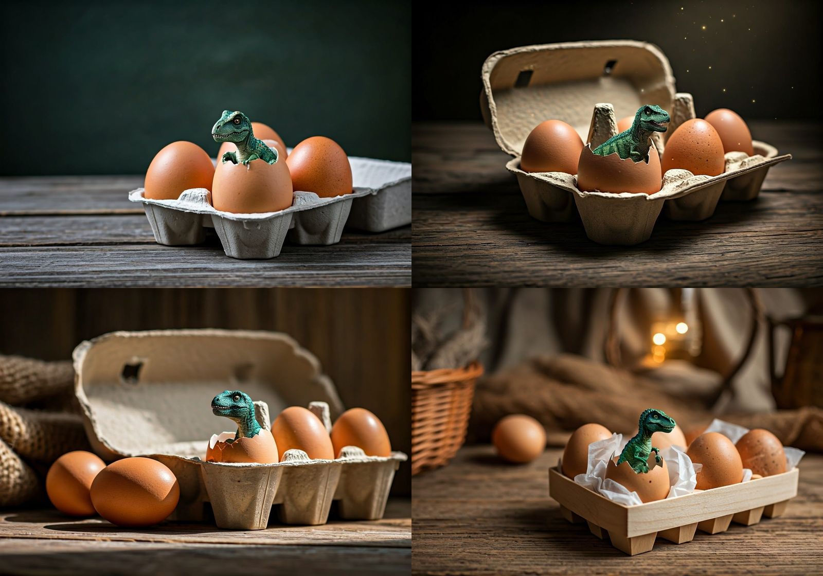 Whimsical Scene: Emerging T. Rex from a Rustic Egg Carton