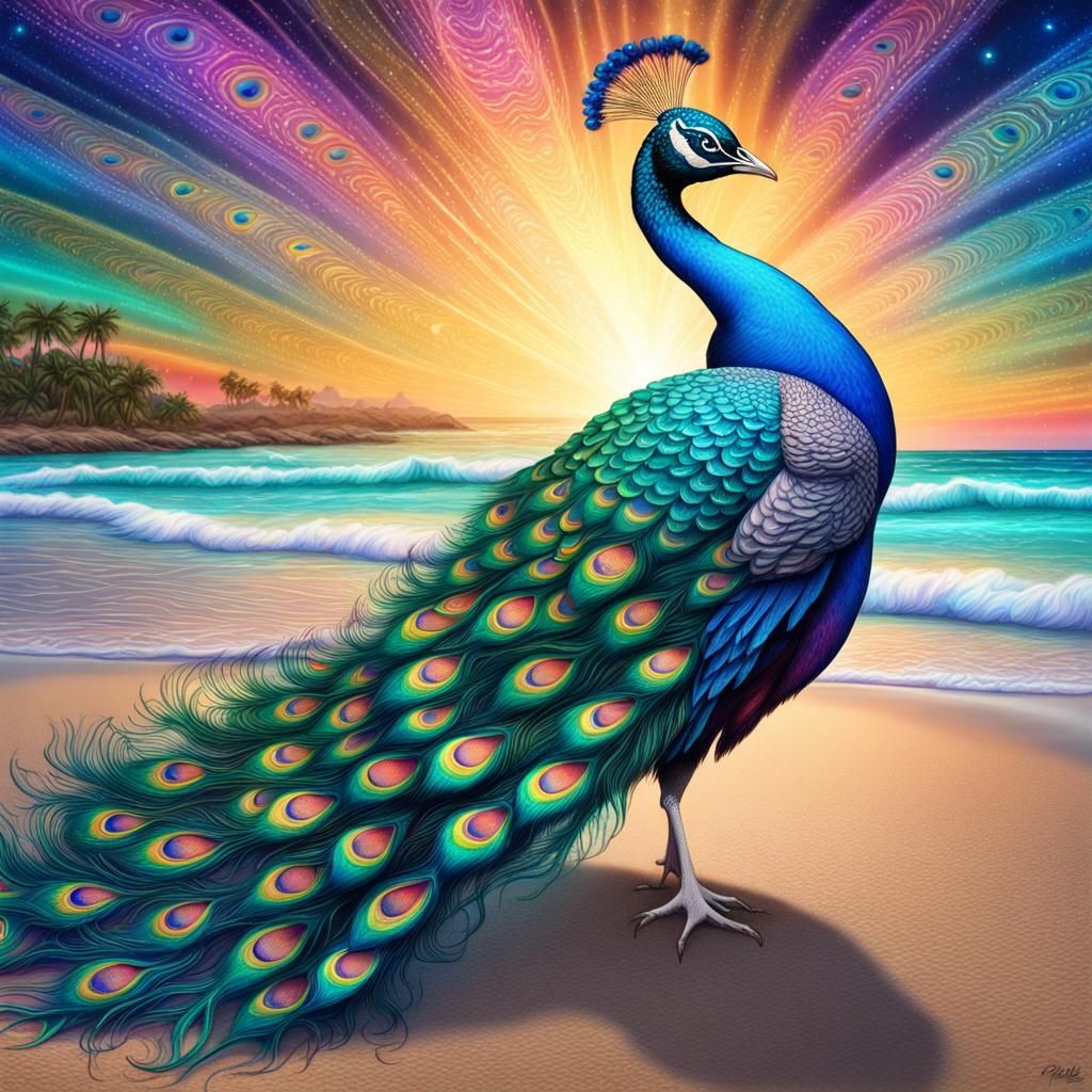 Peacock Dances on Beach in Astral Illustration
