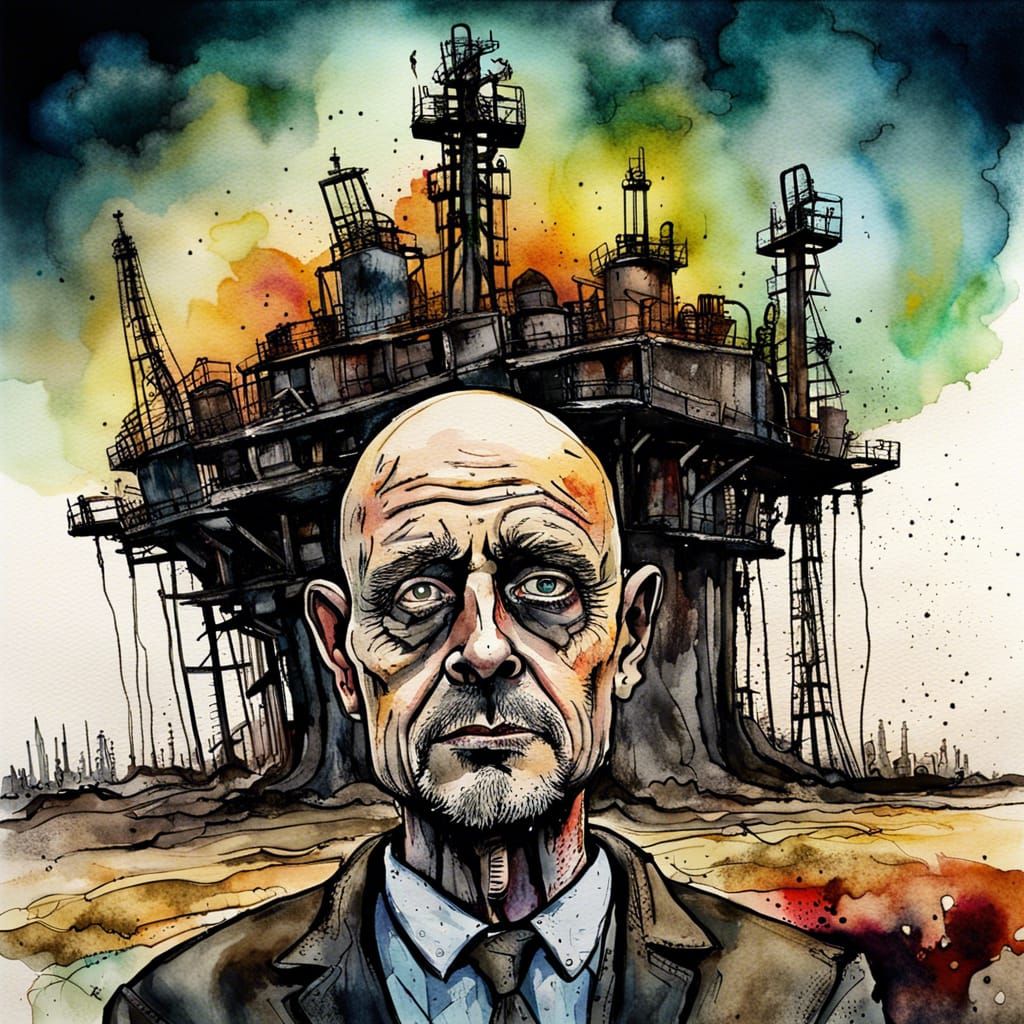 Cynical Businessman in Post-Apocalyptic Watercolor Landscape