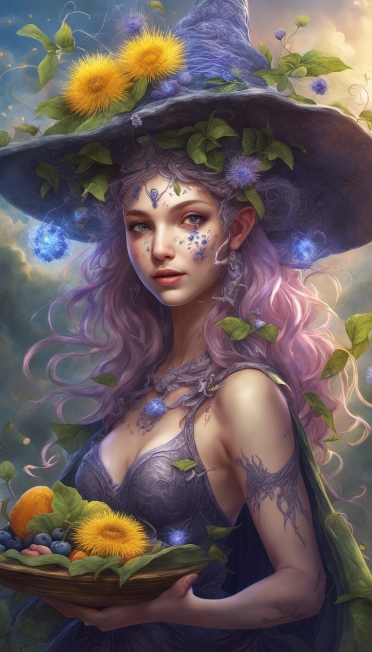 Bioluminescent Witch with Fractal Hat in Graffiti Art