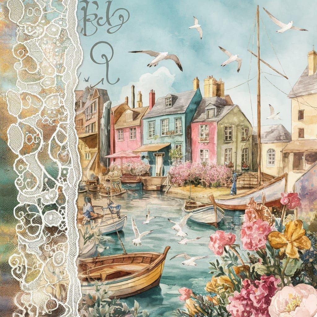 Vintage Coastal Village in Whimsical Watercolor