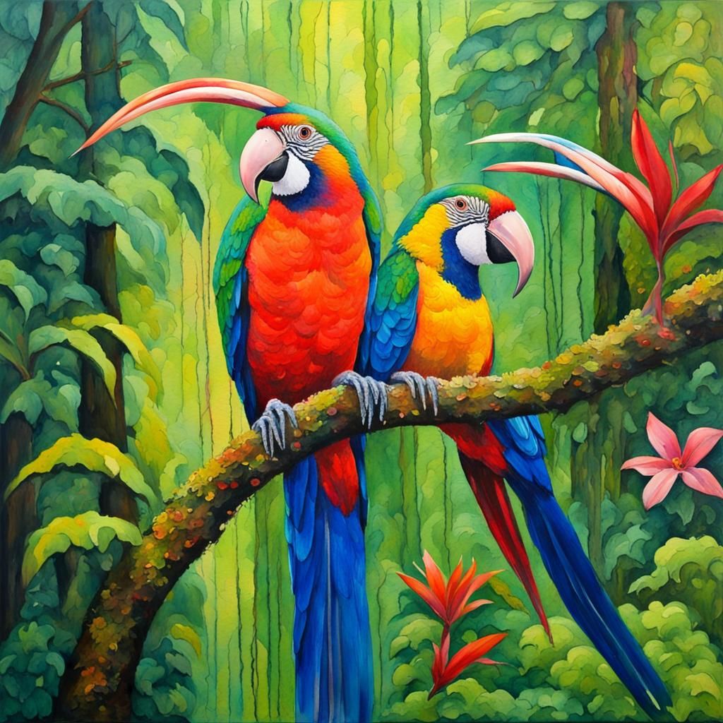 Tropical Rainforest Watercolor Painting with Colorful Birds