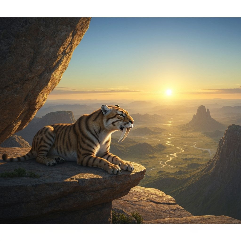 Saber-Toothed Cat Overlooks Prehistoric Sunset in Hyperreali...