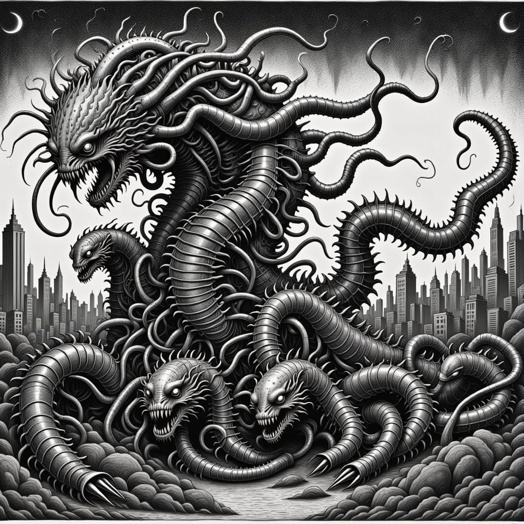 City-Sized Biomechanical Hydra Centipede in Gammell Style