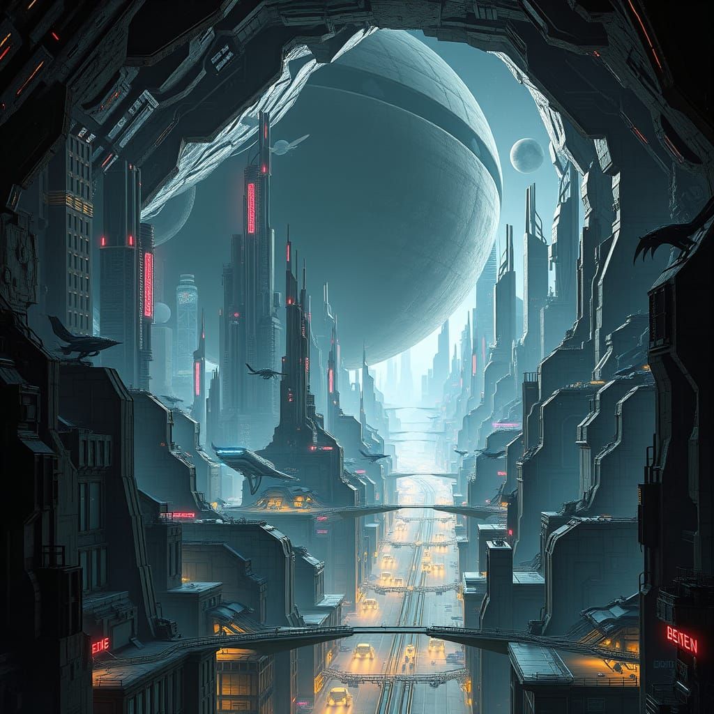 A futuristic city built inside a colossal asteroid