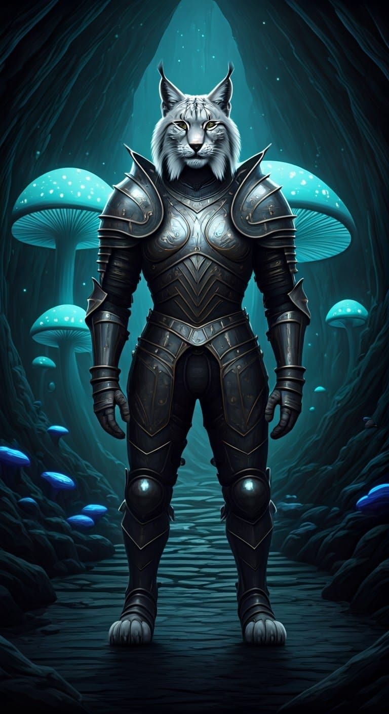 Majestic White Lynx in Shimmering Steel Armor, Basking in En...