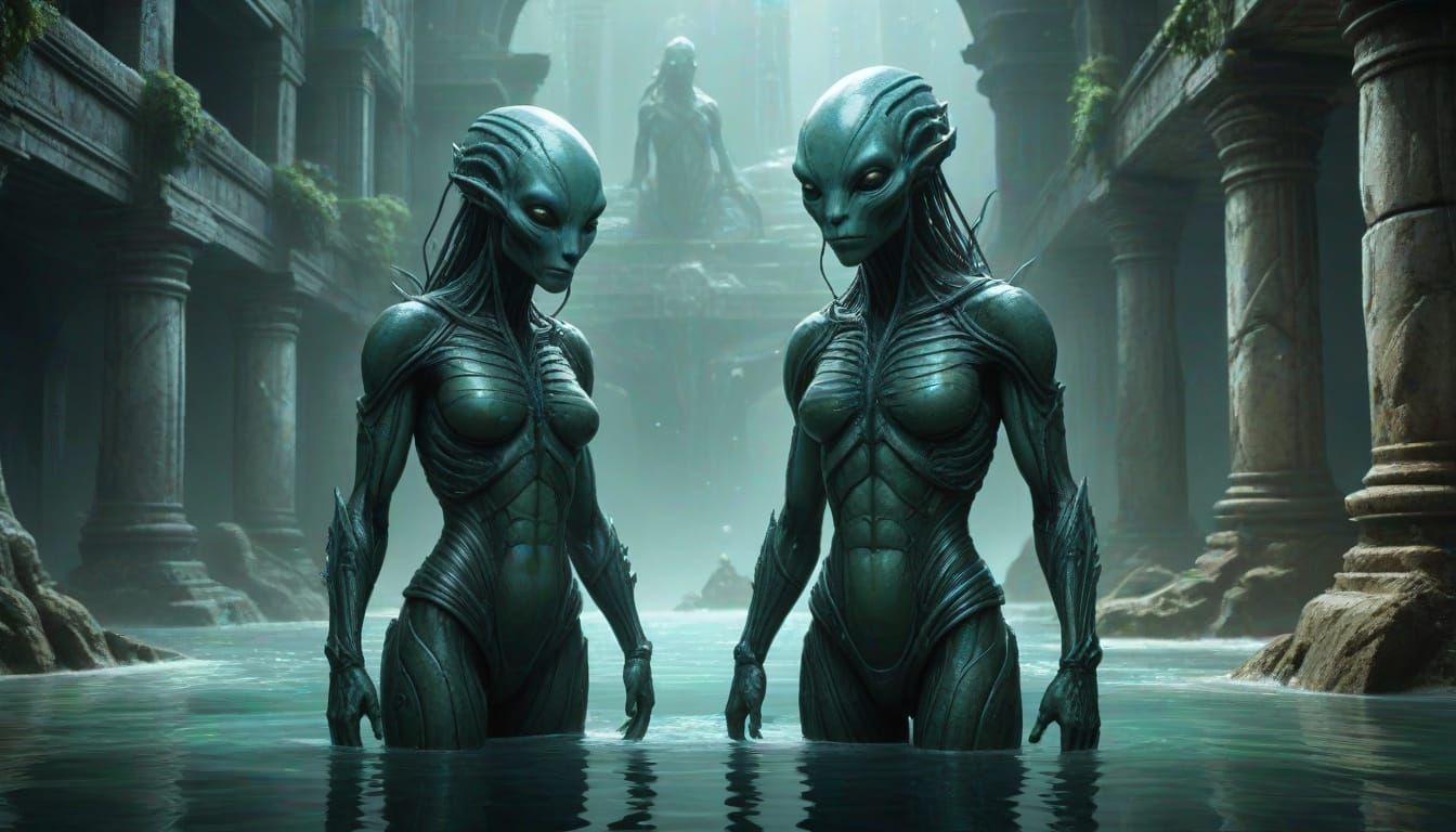 Nommo Aliens in Ancient Ruins Aquatic Concept Art
