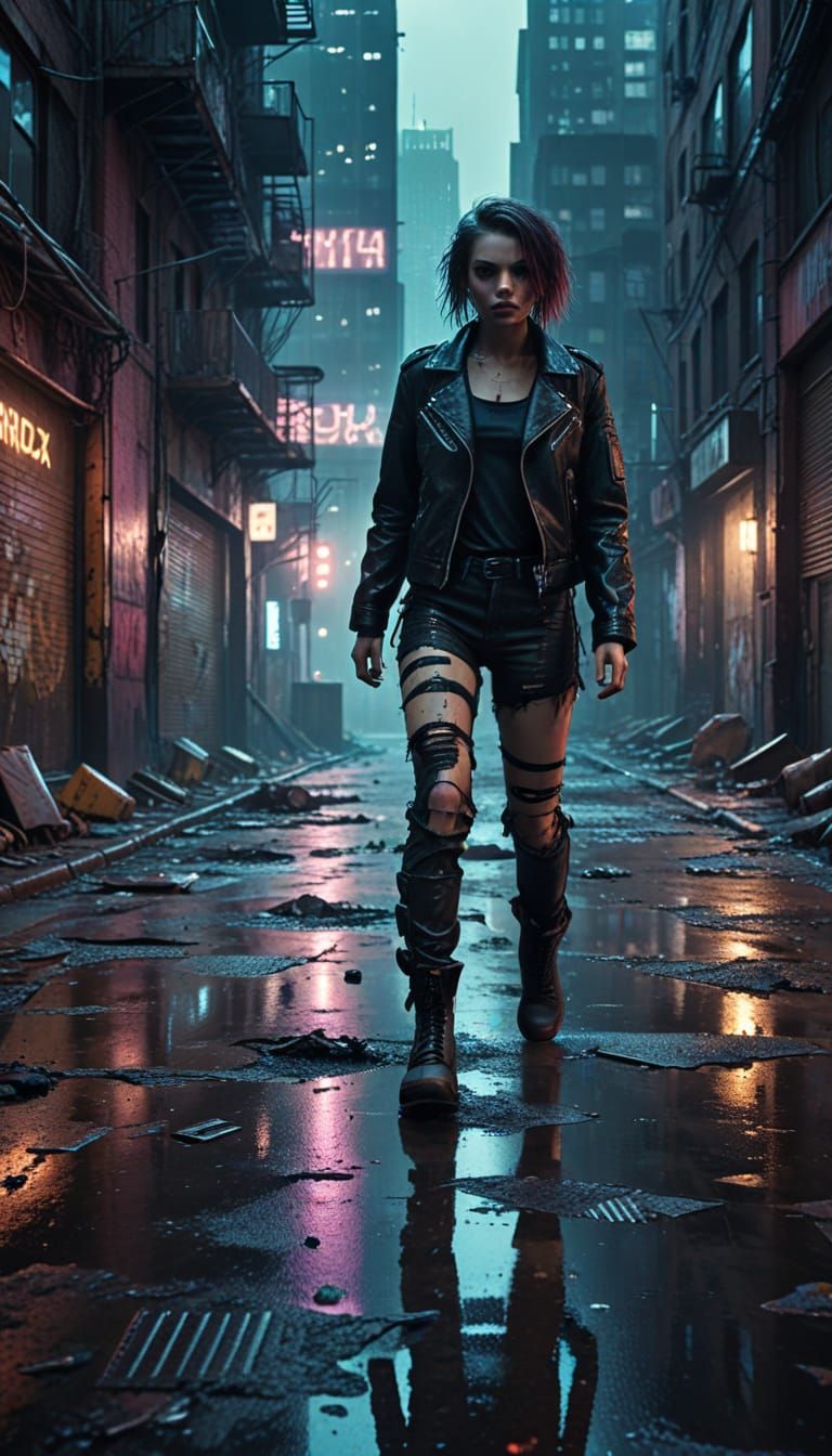 Trashpunk Girl Runs Through Dystopian Cityscape