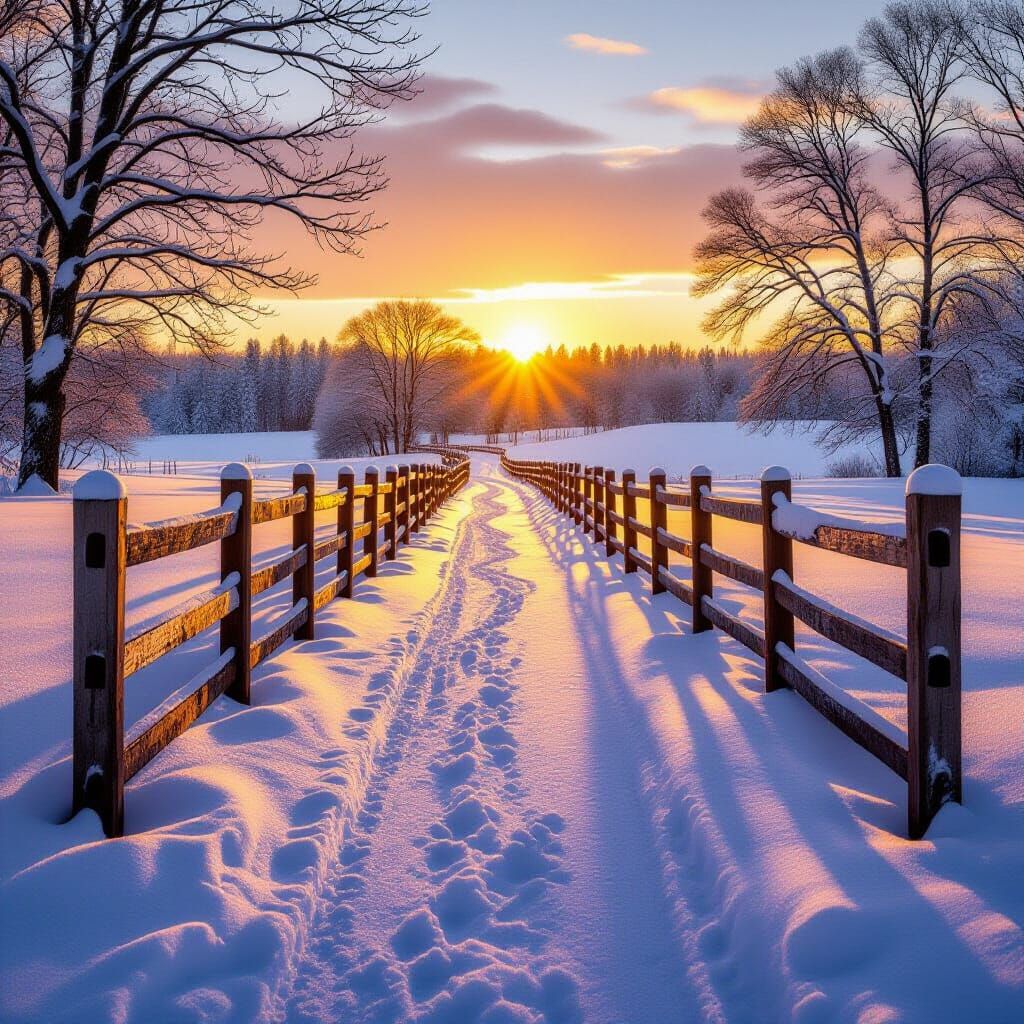 Golden Hour Winter Pathway Through Snow-Covered Fields