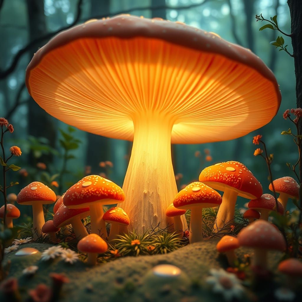 Luminous Mushroom in Whimsical Forest Setting