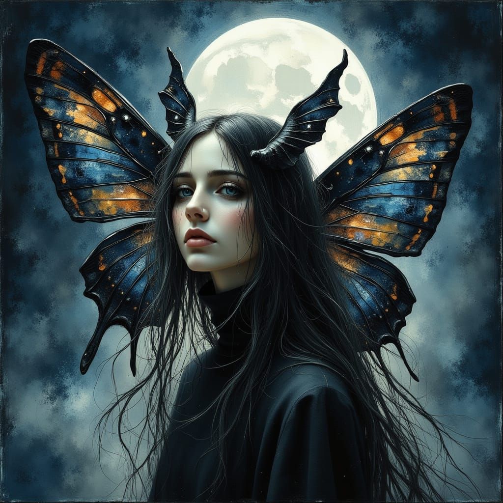 Shadow Fairy with Moonlit Hair and Butterfly Wings