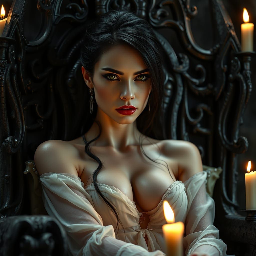Vampire Queen on Volcanic Throne in Candlelight