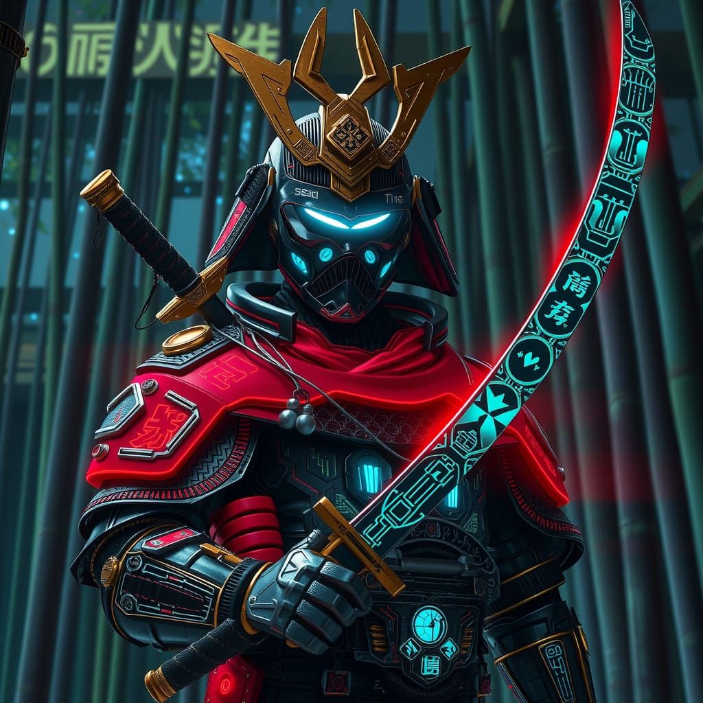 Futuristic Samurai Warrior in Neon Bamboo Forest