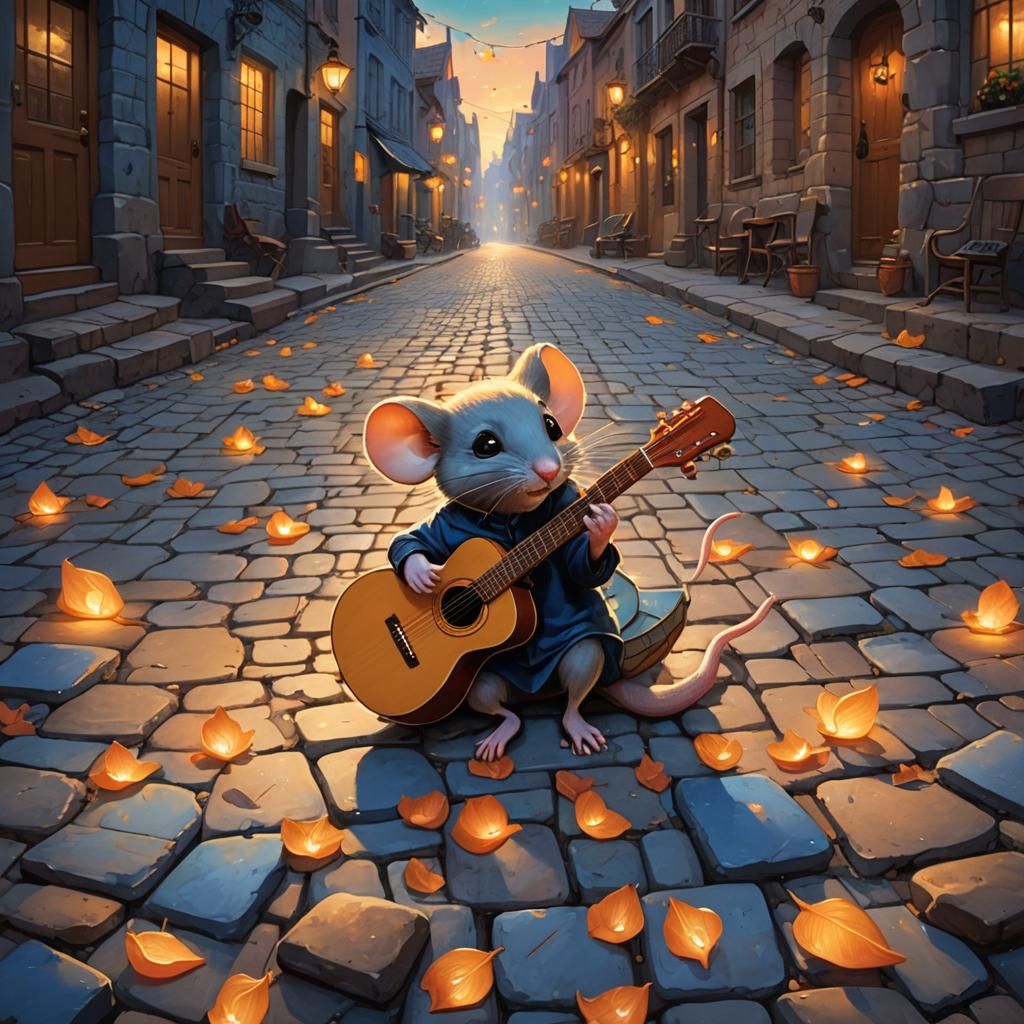 Mouse Plays Guitar in Whimsical Fantasy Street Scene