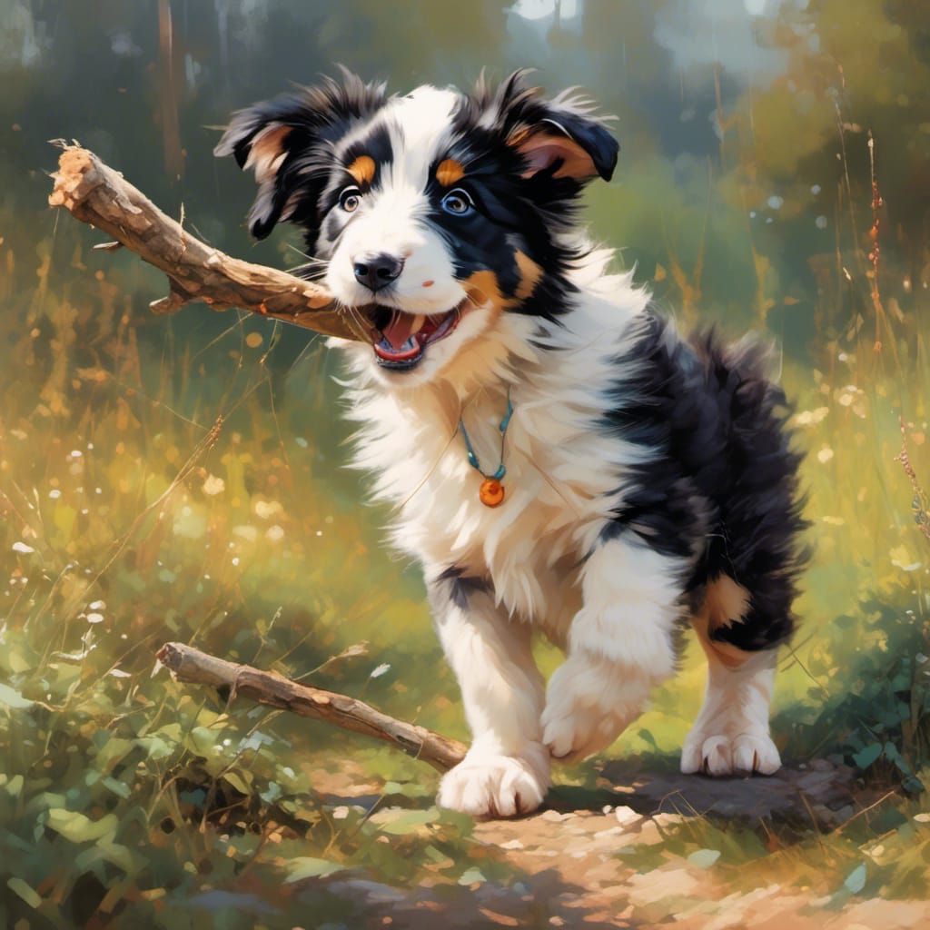 Collie Puppy Playing with a Stick