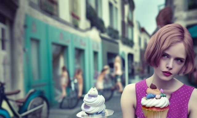 Girl Eats Cupcake in Sunny French Street